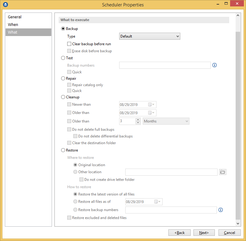 backup properties - scheduler backup properties - scheduler