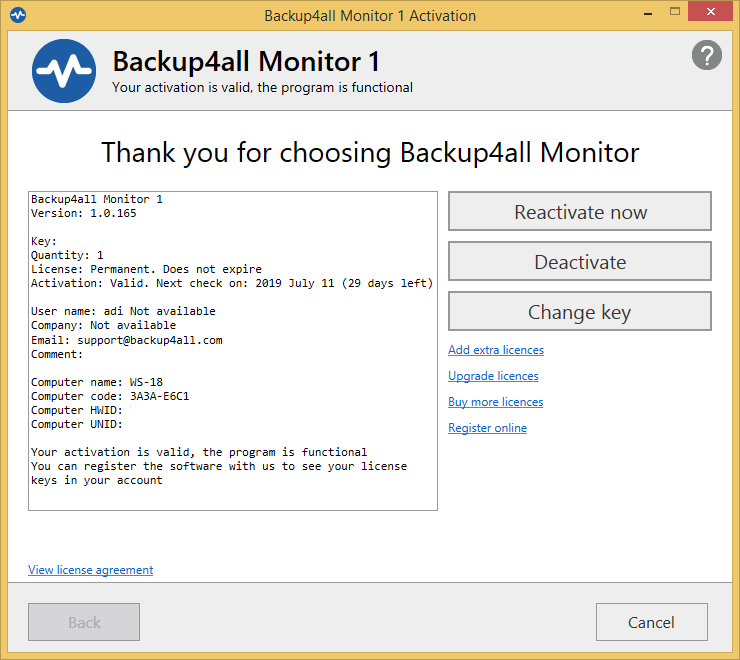 Backup4all Monitor - online deactivation