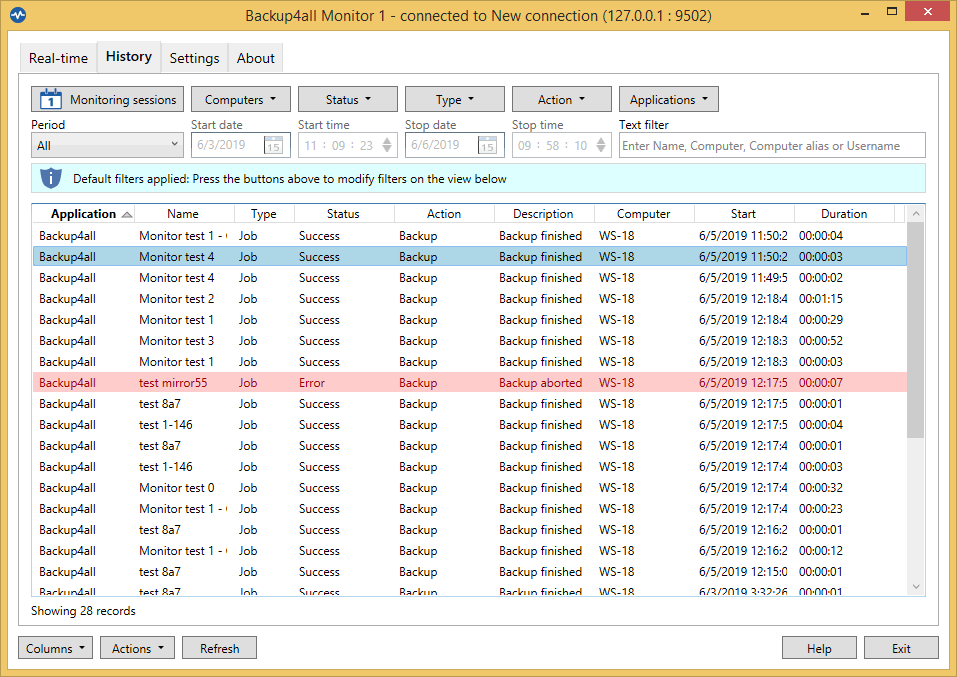 Backup4all Monitor - History tab Backup4all Monitor - History tab