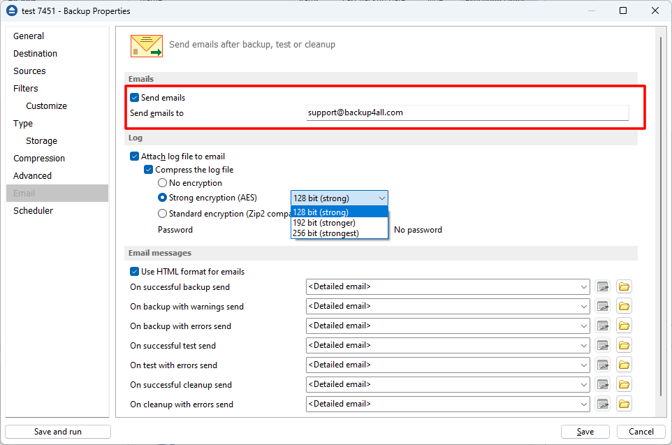 Backup Properties - Email Backup Properties - Email