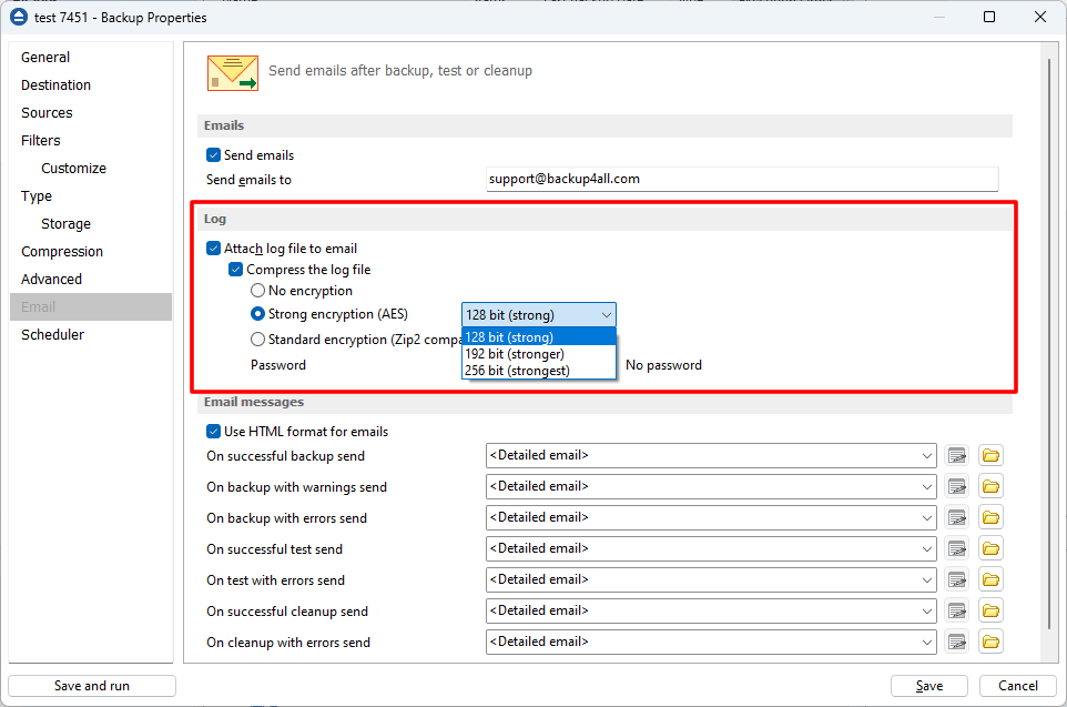 Backup Properties - Email Backup Properties - Email