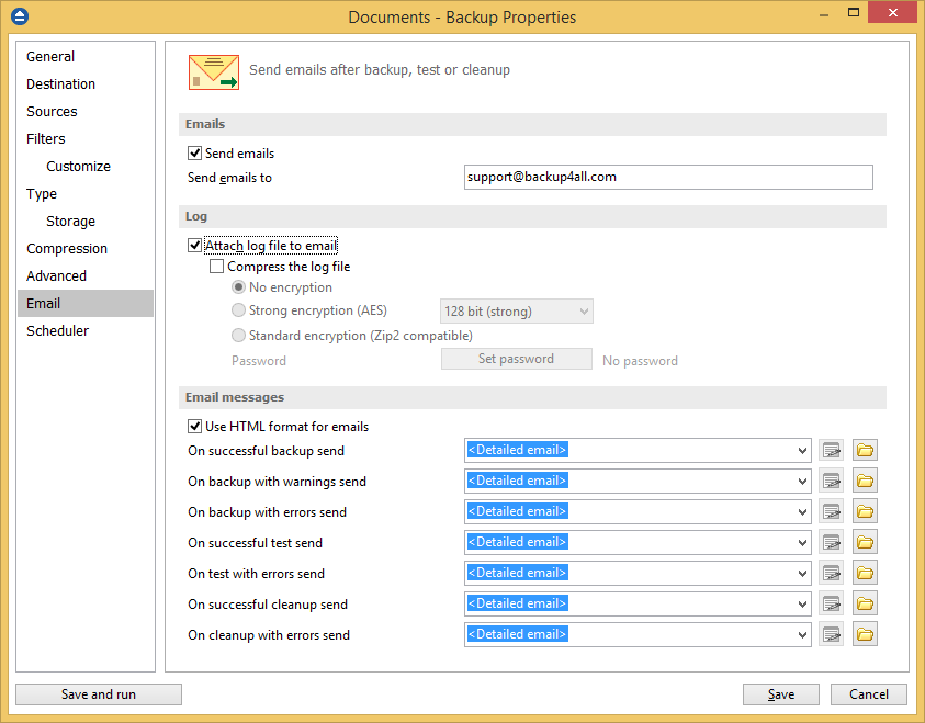 Backup Properties - Email Backup Properties - Email