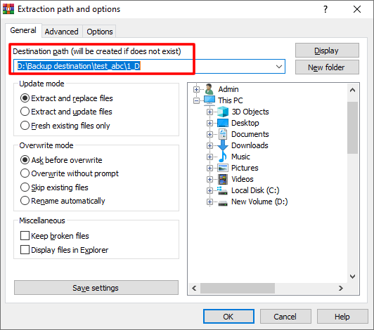 Extract location WinRar
